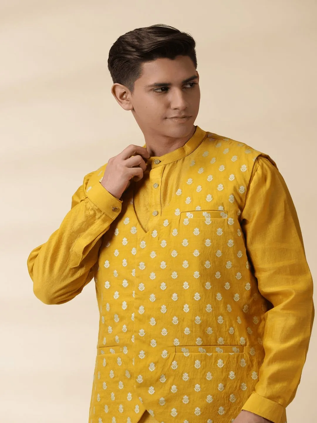 Yellow Chanderi Men Jacket & Kurta Set