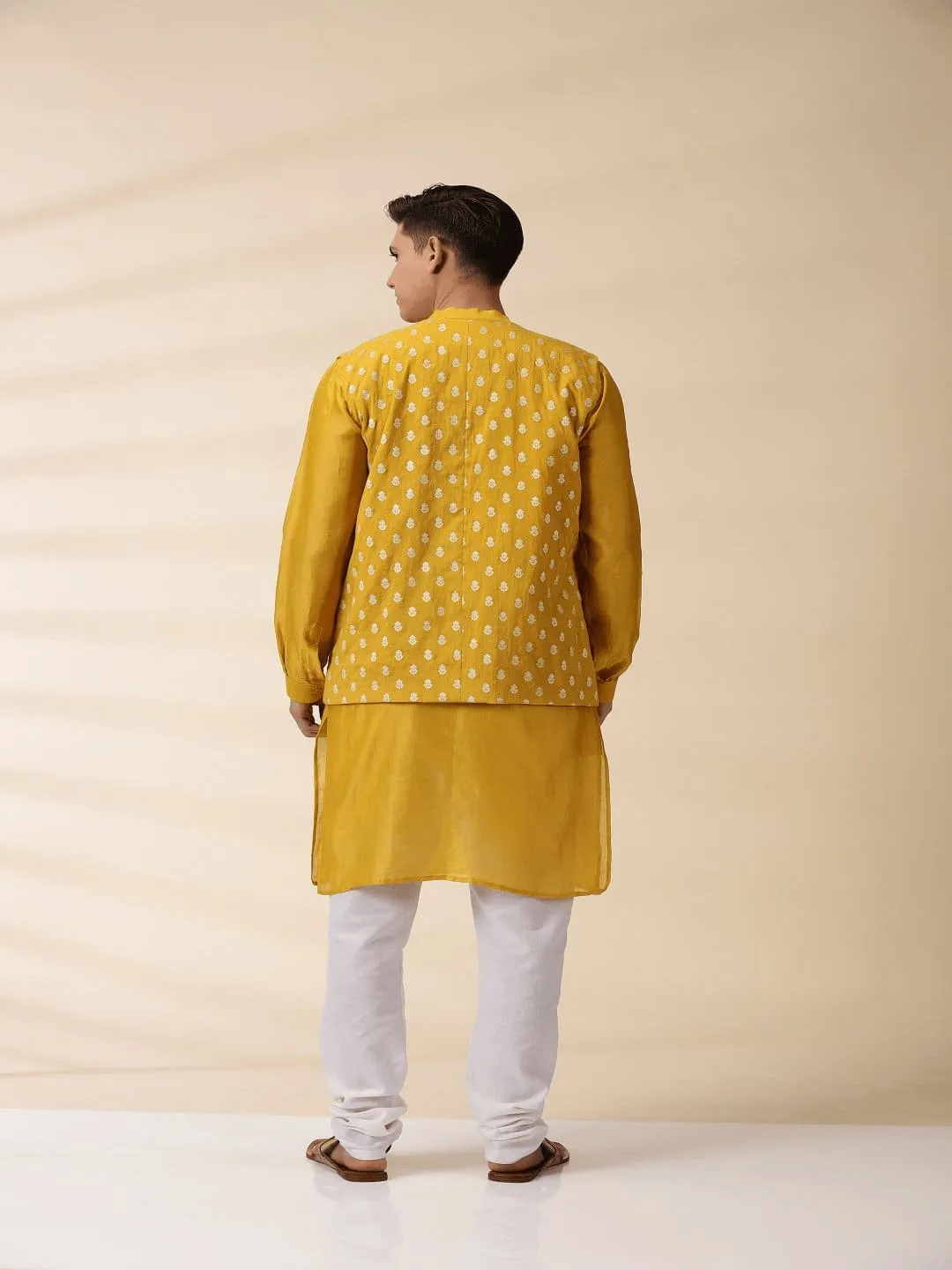 Yellow Chanderi Men Jacket & Kurta Set